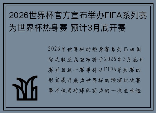 2026世界杯官方宣布举办FIFA系列赛为世界杯热身赛 预计3月底开赛